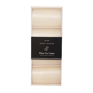 Homeware: FRENCH COUNTRY MAISON SET 4 PILLAR CANDLES - WHITE TEA & GINGER 2x3"