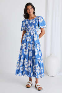 Sale Clothing: IVY + JACK MILANO BLUE HIBISCUS BUBBLE SLEEVE TIERED MAXI DRESS - BLUE