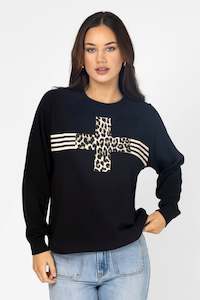 STELLA + GEMMA EVERYDAY SWEATER - BLACK LEOPARD CROSS STRIPES