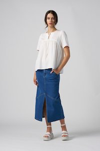 Vogue Skirts: MADLY SWEETLY MOTO DENIM SKIRT - MID WASH DENIM