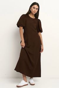 Womens Must Haves: RE:UNION INDULGENT PUFF SLEEVE RELAXED MIDI DRESS - CHOCOLATE