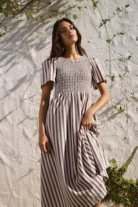 RE:UNION WREN COTTON SS SHIRRED BODICE MIDI DRESS - CHOCOLATE STRIPE