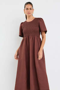 RE:UNION WREN LINEN BLEND SS SHIRRED BODICE MIDI DRESS - CHOCOLATE