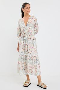By Rosa: BY ROSA WISDOM BALLOON SLEEVE MIDI SHIRT DRESS - CREAM FLORAL