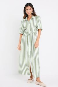 BY ROSA KINDRED PUFF SLEEVE MIDI SHIRT DRESS - MOSS STRIPE
