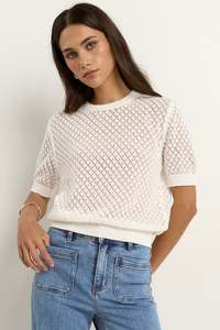Vogue Cardigans Sweaters: IVY + JACK DAPPLE IVORY BOXY KNIT LACE TEE - IVORY