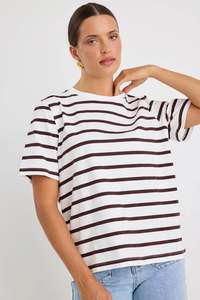 Womens Tees: RE:UNION BINDING CHOCOLATE WHITE STRIPE BOXY FIT TEE