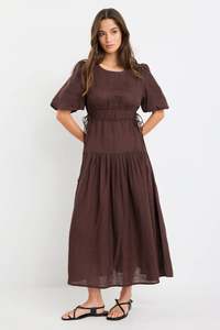 Vogue Dresses: AMONG THE BRAVE GLORY CHOCOLATE LINEN PUFF SLEEVE MIDI DRESS