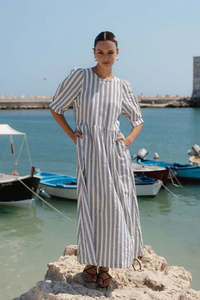 Vogue Dresses: RE:UNION THE LABEL HEMISPHERE IVORY BLACK STRIPE COTTON SHORT SLEEVE RELAXED MIDI DRESS