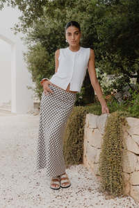 AMONG THE BRAVE SUMMIT CHOCOLATE GINGHAM COTTON BLEND TIE WAIST BIAS MAXI SKIRT
