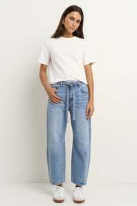 STORIES BE TOLD CAMPUS LIGHT BLUE TIE WAIST BARREL JEANS
