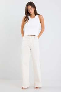 Vogue Denim: AMONG THE BRAVE ZOEY ECRU HIGH RISE WIDE LEG POCKET JEAN - ECRU