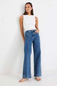 Vogue Denim: AMONG THE BRAVE ZOEY MINERAL BLUE HIGH RISE WIDE LEG POCKET JEAN