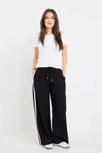 Womens Pants: STORIES BE TOLD TOWNIE BLACK MATTE PETITE STRIPE SIDE TAPE WIDE LEG PANTS