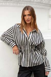 STORIES BE TOLD COMPOSITE BLACK BONE STRIPE SHIRRED BODY SHIRT