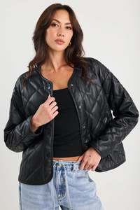 STORIES BE TOLD APEX BLACK PU LEATHER COLLARLESS QUILTED PUFFER JACKET