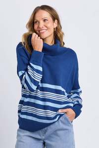 Elm: ELM STRIPED ROLL NECK SWEATER - NAVY