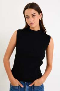 Vogue Cardigans Sweaters: AMONG THE BRAVE HEROIC BLACK SLEEVELESS FUNNEL NECK RIB KNIT TOP