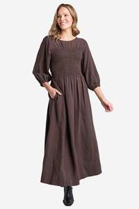 ELM NORA SHIRRED DRESS - CHOCOLATE