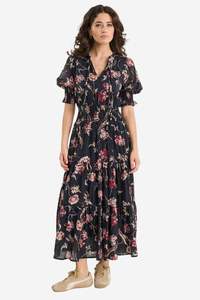 IVY + JACK CHARMANT BLACK WILDFLOWERS SS V NECK TIERED MIDI DRESS