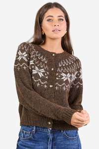 Vogue Cardigans Sweaters: AMONG THE BRAVE SHETLAND CHOCOLATE FAIRISLE DETAIL CARDIGAN
