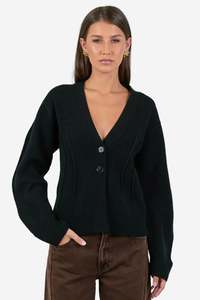 AMONG THE BRAVE BESPOKE BLACK V NECK CINCHED CARDIGAN