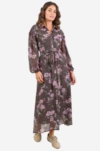 Vogue Dresses: BY ROSA BOUNTY CHOCOLATE FLORAL BALLOON SLEEVE MIDI SHIRT DRESS