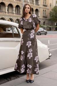 STORIES BE TOLD STAGE COCOA BLOSSOM FLORAL SATIN MAXI DRESS