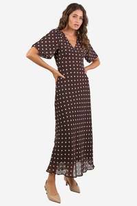 AMONG THE BRAVE AURA CHOCOLATE POLKA DOT PUFF SLEEVE BIAS MIDI DRESS