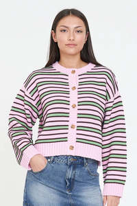 Vogue Cardigans Sweaters: HUFFER BOBBY KNIT CARDIGAN - PINK/MEADOW