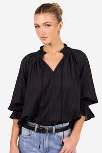 AMONG THE BRAVE EXPEDITION BLACK SELF STRIPE SHIRRED NECK SHORT SLEEVE TOP