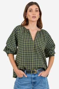 RE:UNION REVOLUTIONARY KHAKI INK GINGHAM LINEN RELAXED LS TOP