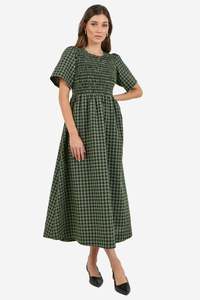RE:UNION WREN KHAKI INK GINGHAM SS SHIRRED BODICE MIDI DRESS