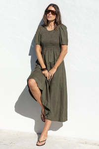 RE:UNION WREN DARK OLIVE GREEN LINEN BLEND MIDI DRESS