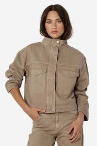 Vogue Coats Jackets: STORIES BE TOLD CRAFTED TAUPE FUNNEL NECK DENIM JACKET