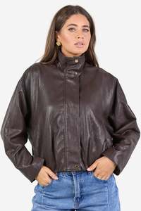 Vogue Coats Jackets: STORIES BE TOLD ENSEMBLE CHOCOLATE FAUX LEATHER FUNNEL NECK ZIP THROUGH JACKET