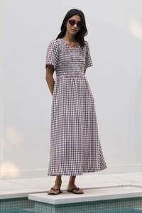 Vogue Dresses: RE:UNION WREN CHOCOLATE GINGHAM SS SHIRRED BODICE MIDI DRESS