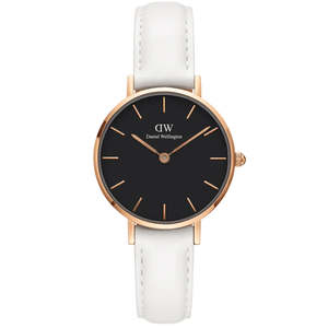 Womens Watches: Daniel Wellington Petite 32mm Black Rose Gold Dial White Leather Strap DW00100283
