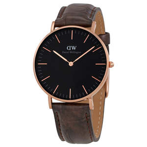 Daniel Wellington York 36mm Black Dial Genuine Leather Rose Gold Watch - DW00100140