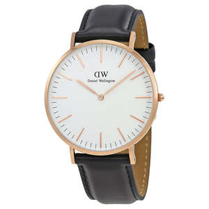 Daniel Wellington Mens Watches: Daniel Wellington Sheffield 40mm White Dial Black Genuine Leather Men's Gold Watch - DW00100007