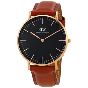 Daniel Wellington St Mawes 36mm Black Dial Brown Genuine Leather Gold Watch - DW00100136