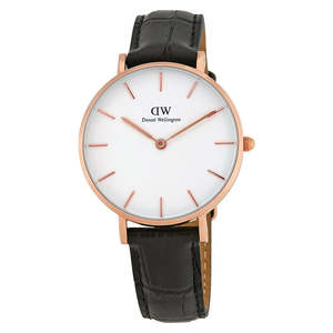 Daniel Wellington Womens Watches: Daniel Wellington Reading 32mm White Dial Black Genuine Leather Women's Gold Watch - DW00100173