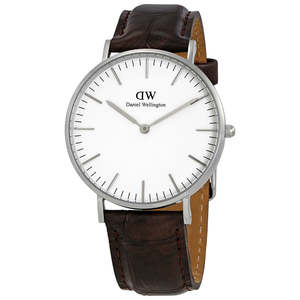 Daniel Wellington York 36mm White Dial Black Genuine Leather Silver Watch - DW00100055