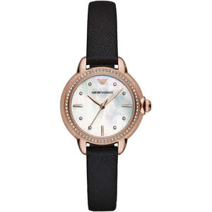 Emporio Armani: Emporio Armani Rosa MOP Dial Black Genuine Leather Women's Watch - AR11598