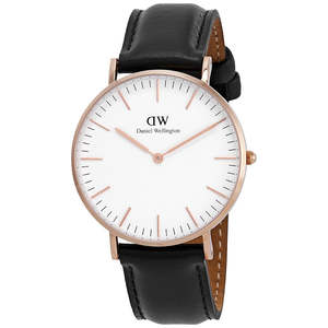 Daniel Wellington Womens Watches: Daniel Wellington Sheffield 36mm White Dial Black Genuine Leather Gold Watch - DW00100036