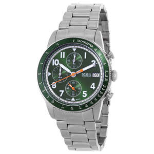 Mens Watches: Fossil Sport Tourer Chronograph Green Dial Silver Steel Strap Watch for Men - FS6048