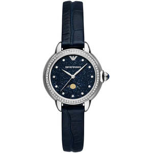 Emporio Armani Womens Watches: Emporio Armani Moonphase Blue Navy Blue Gnuine Leather Women's Watch - AR11629