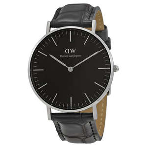Daniel Wellington Womens Watches: Daniel Wellington Reading 36mm Black Dial Black Genuine Leather Silver Watch - DW00100147
