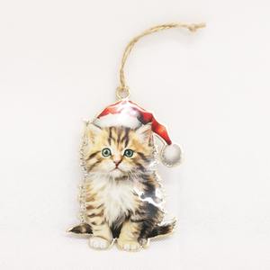 Vintage Tin Kitty with Santa Hat Christmas Decoration