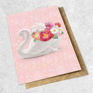 Books Stationery All: Crown Lynn Swan with Flowers - Greeting Card
